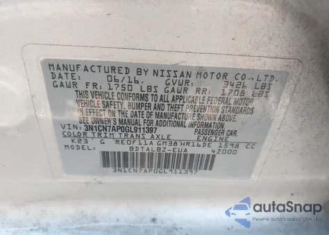 2016 Nissan Versa 1.6 Sv z USA, uszkodzony, nr VIN 3N1CN7AP0GL911397